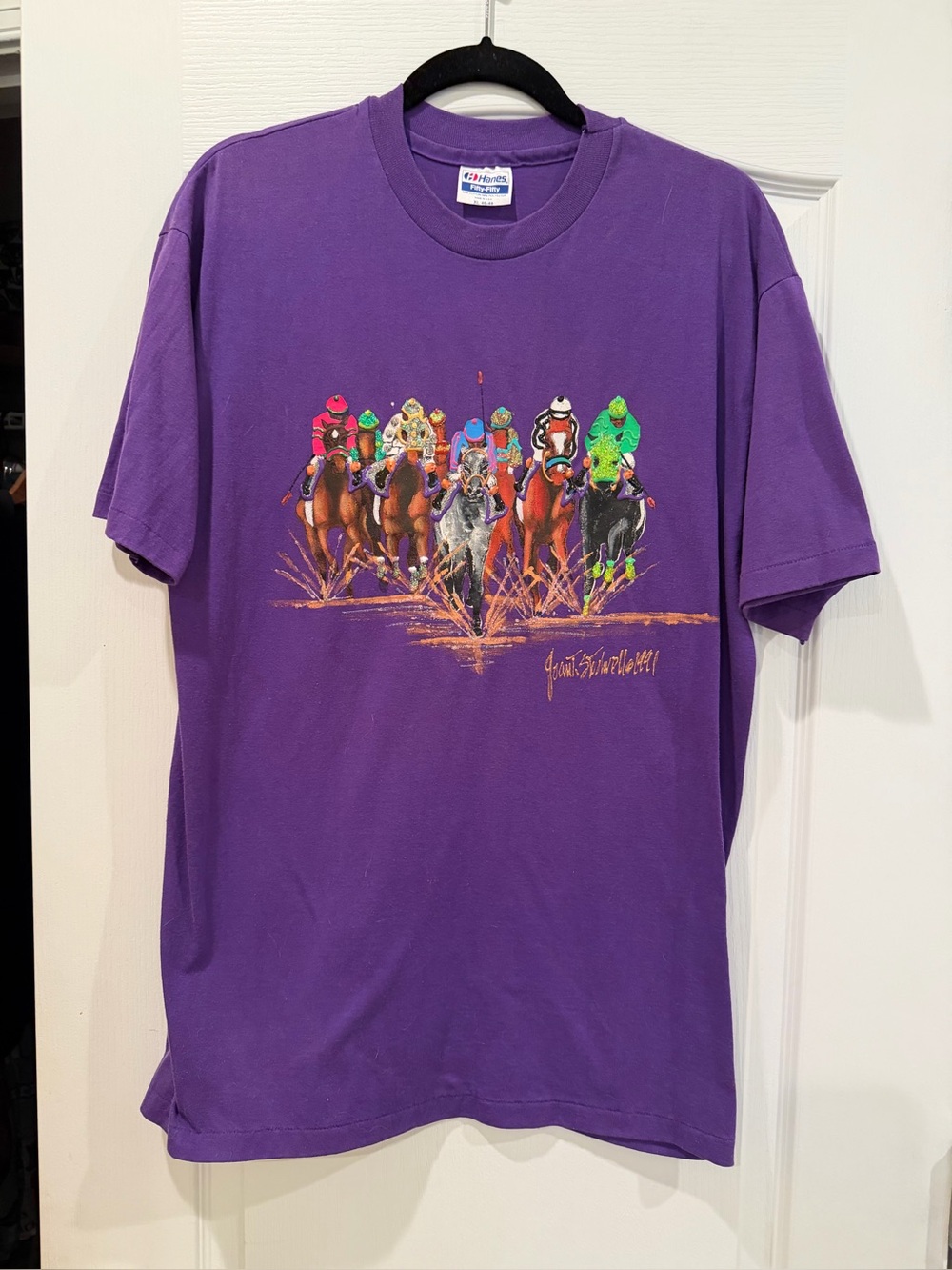 Equestrian Purple Horse Racing Graphic Tee - Classic Crewneck